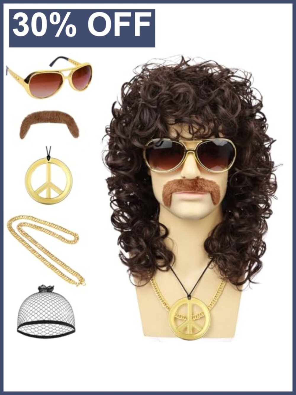 70s Mens Retro Costume Set Brown Curly Wig Glasses Chain Peace Necklace